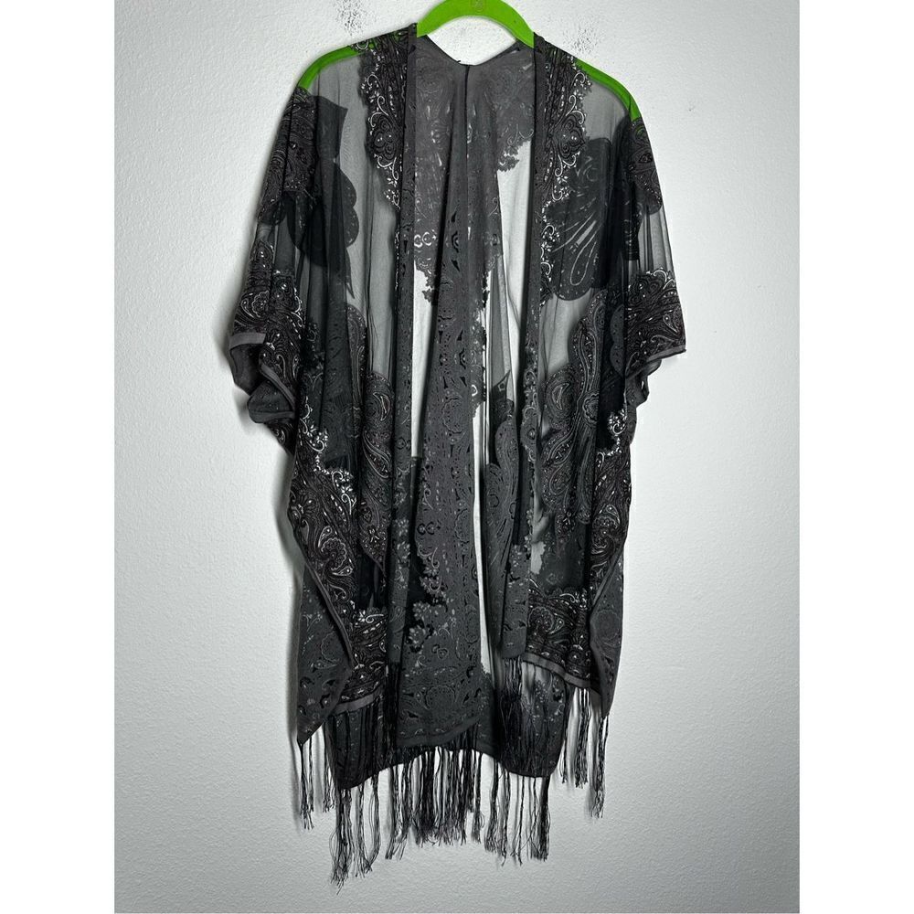 Bohemian Lace Cardigan Shawl Gray One Size French Trim